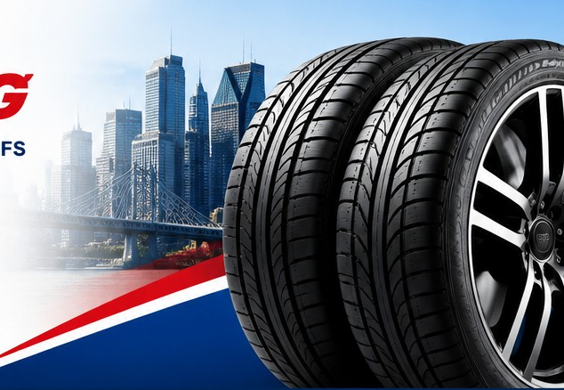 Pneus automobiles avec Montréal en arrière-plan